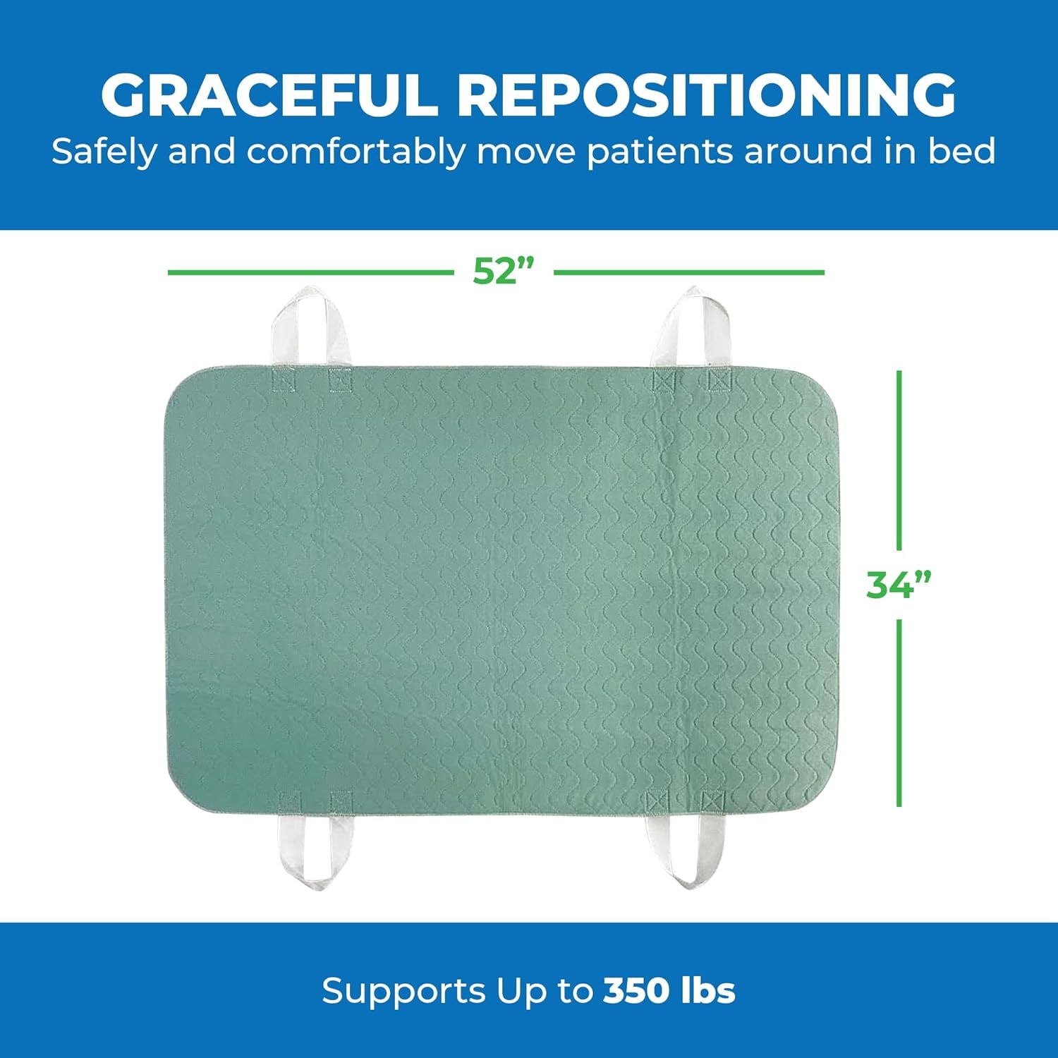 34" X 52" Positioning Bed Pad with Handles | Incontinence Mattress Bedding Protector Liner Underpad | Straps for Easy Lift & Transfer | Reusable Washable Waterproof | Hospital Quality