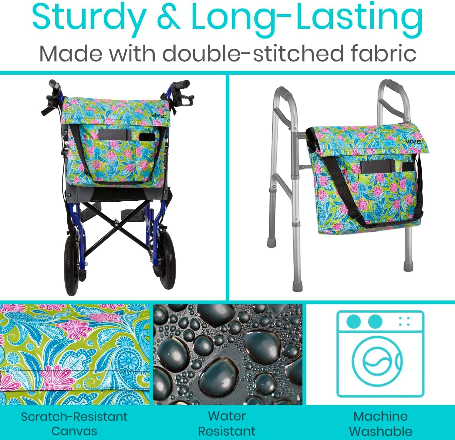 XL Wheelchair Accessories Bag - Waterproof, Scratch-Resistant, Double-Stitched, Machine Washable for Adults, Seniors, 15 Colors - Storage Walker Backpack to Hang on Back