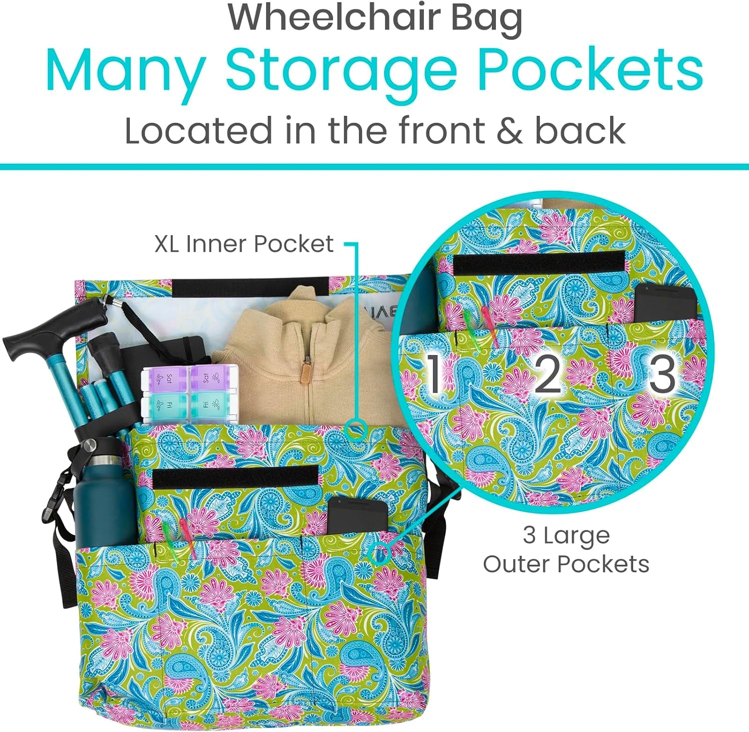 XL Wheelchair Accessories Bag - Waterproof, Scratch-Resistant, Double-Stitched, Machine Washable for Adults, Seniors, 15 Colors - Storage Walker Backpack to Hang on Back