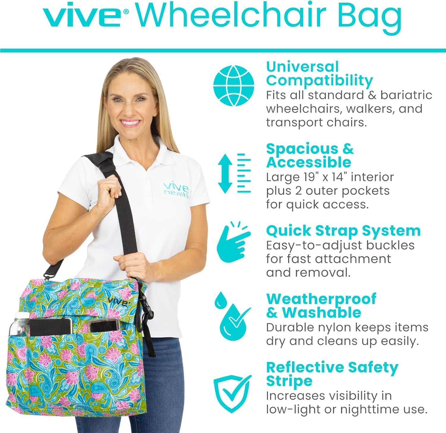 XL Wheelchair Accessories Bag - Waterproof, Scratch-Resistant, Double-Stitched, Machine Washable for Adults, Seniors, 15 Colors - Storage Walker Backpack to Hang on Back